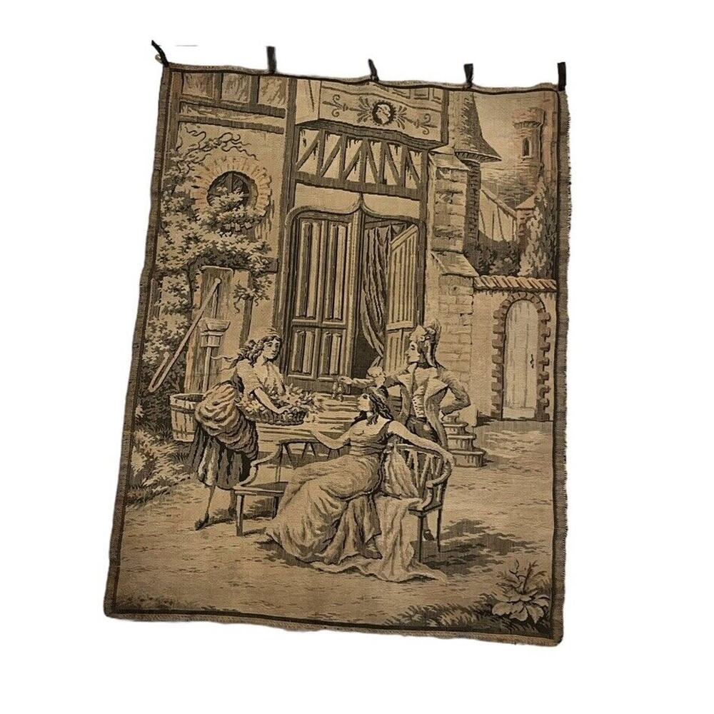 Vintage French wall tapestry wall hanging Loops Ladies Chateau 25x19” Victorian